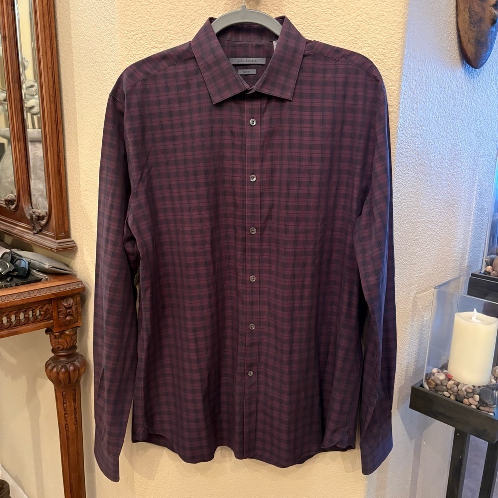 JOHN VARVATOS Men Red Black Plaid Slim Fit Button-Up Shirt Size 16-1/2, 36/37(L)
